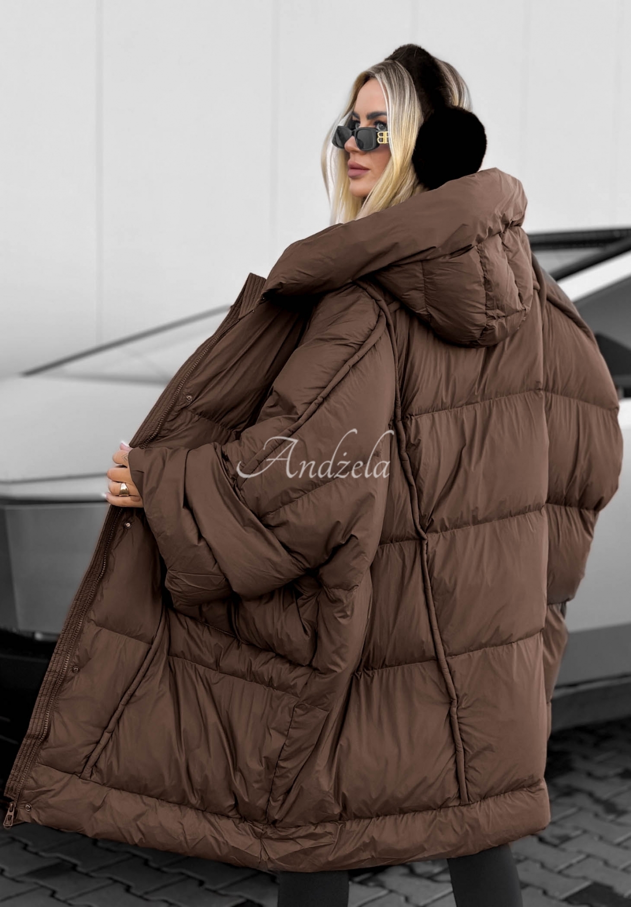 Frozen Tale Oversized Down Jacket with Hood, Chocolate Brown