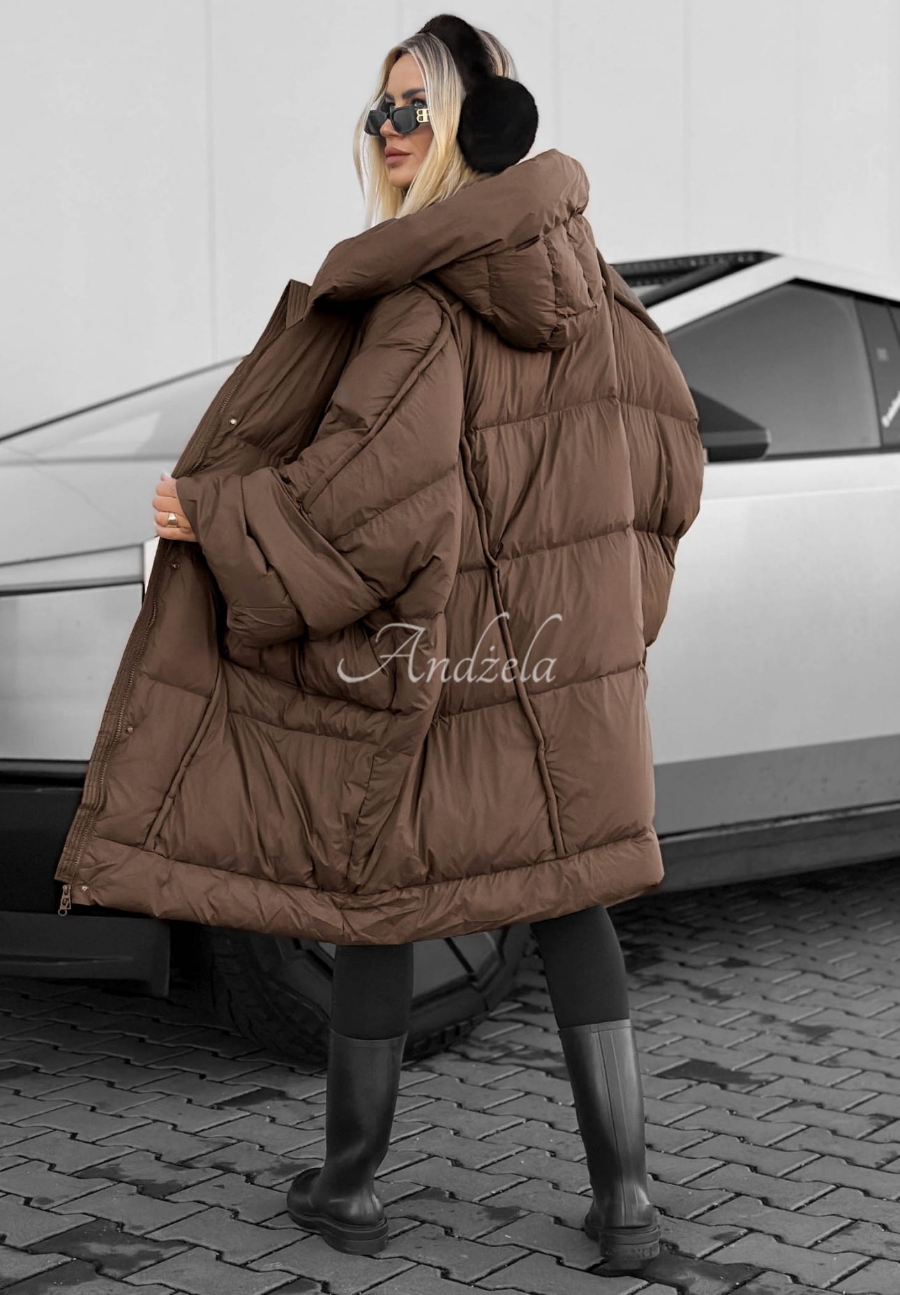 Frozen Tale Oversized Down Jacket with Hood, Chocolate Brown