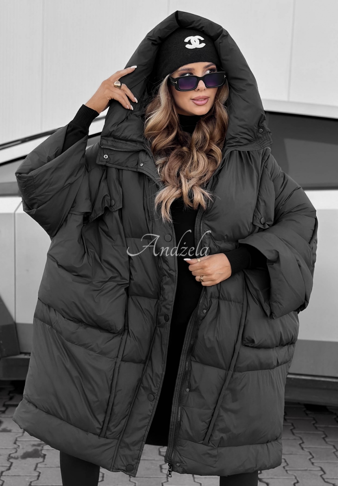 Frozen Tale Oversized Hooded Down Jacket, Black