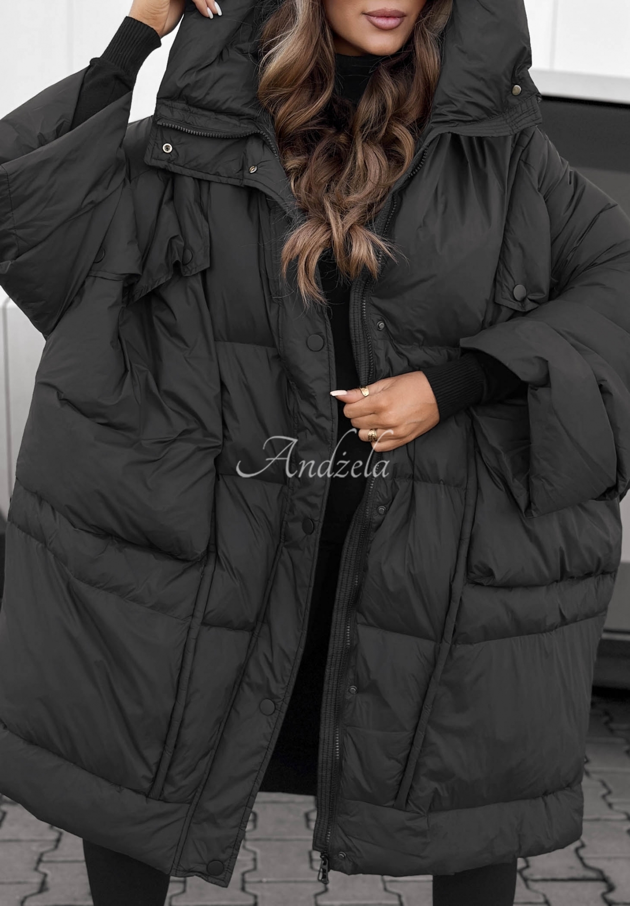 Frozen Tale Oversized Hooded Down Jacket, Black