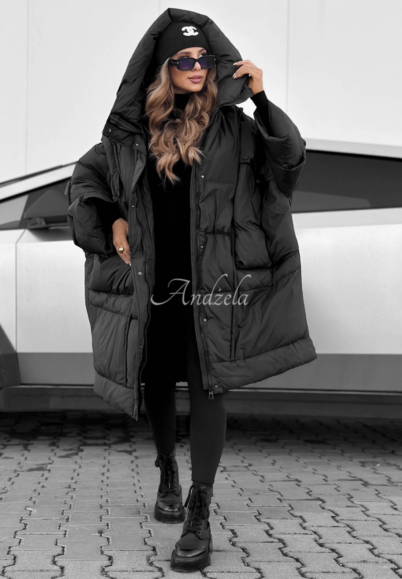Frozen Tale Oversized Hooded Down Jacket, Black