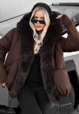 Fall Harmony Chocolate-Colored Quilted Jacket with Fur Trim