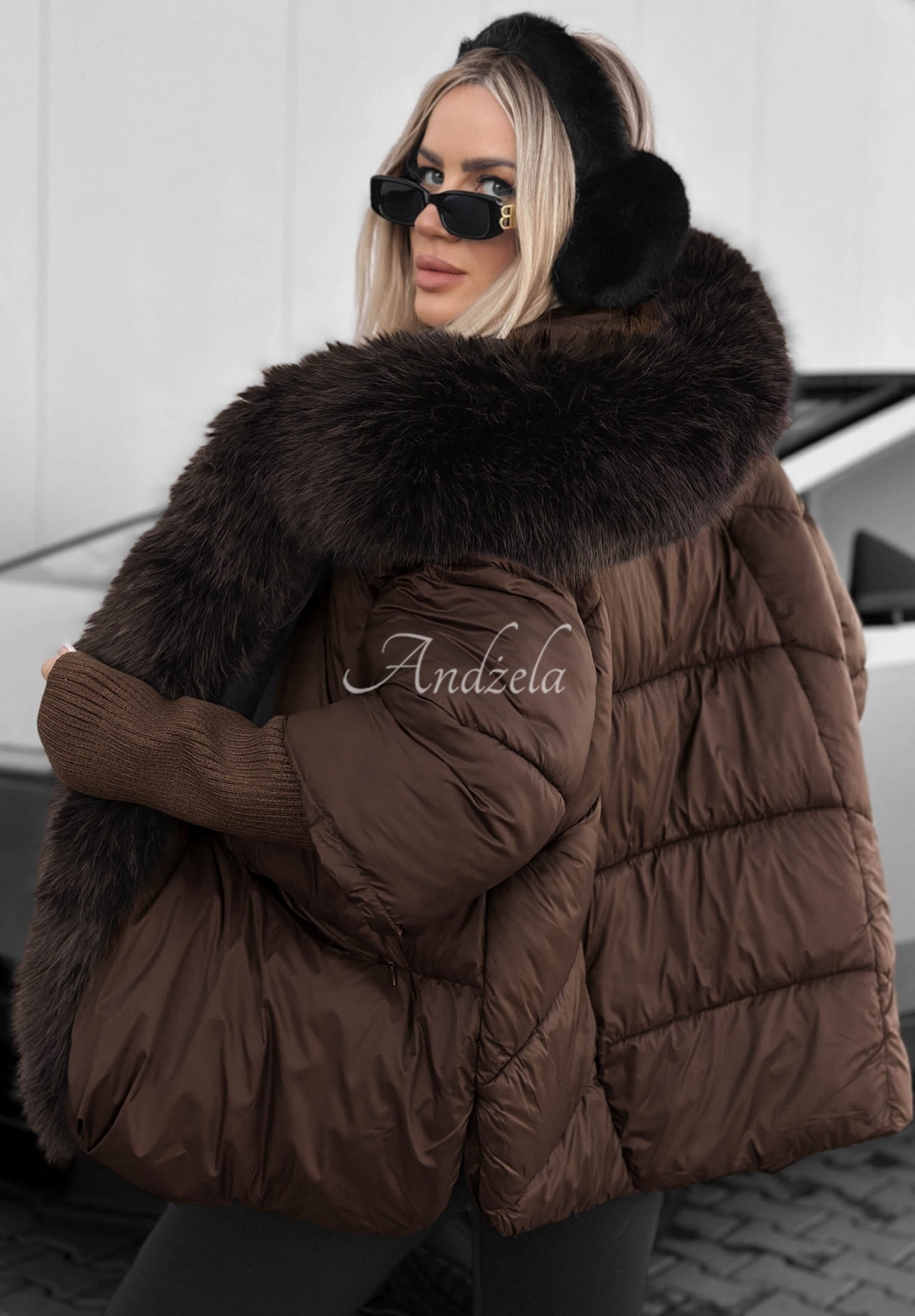 Fall Harmony Chocolate-Colored Quilted Jacket with Fur Trim