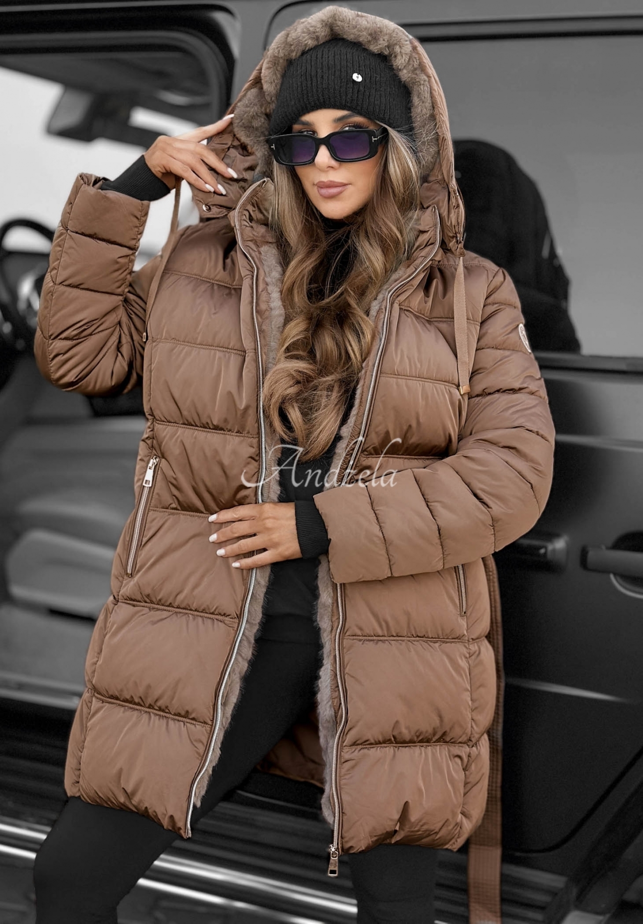 Cold Theory Long Quilted Jacket with Hood and Belt in Camel