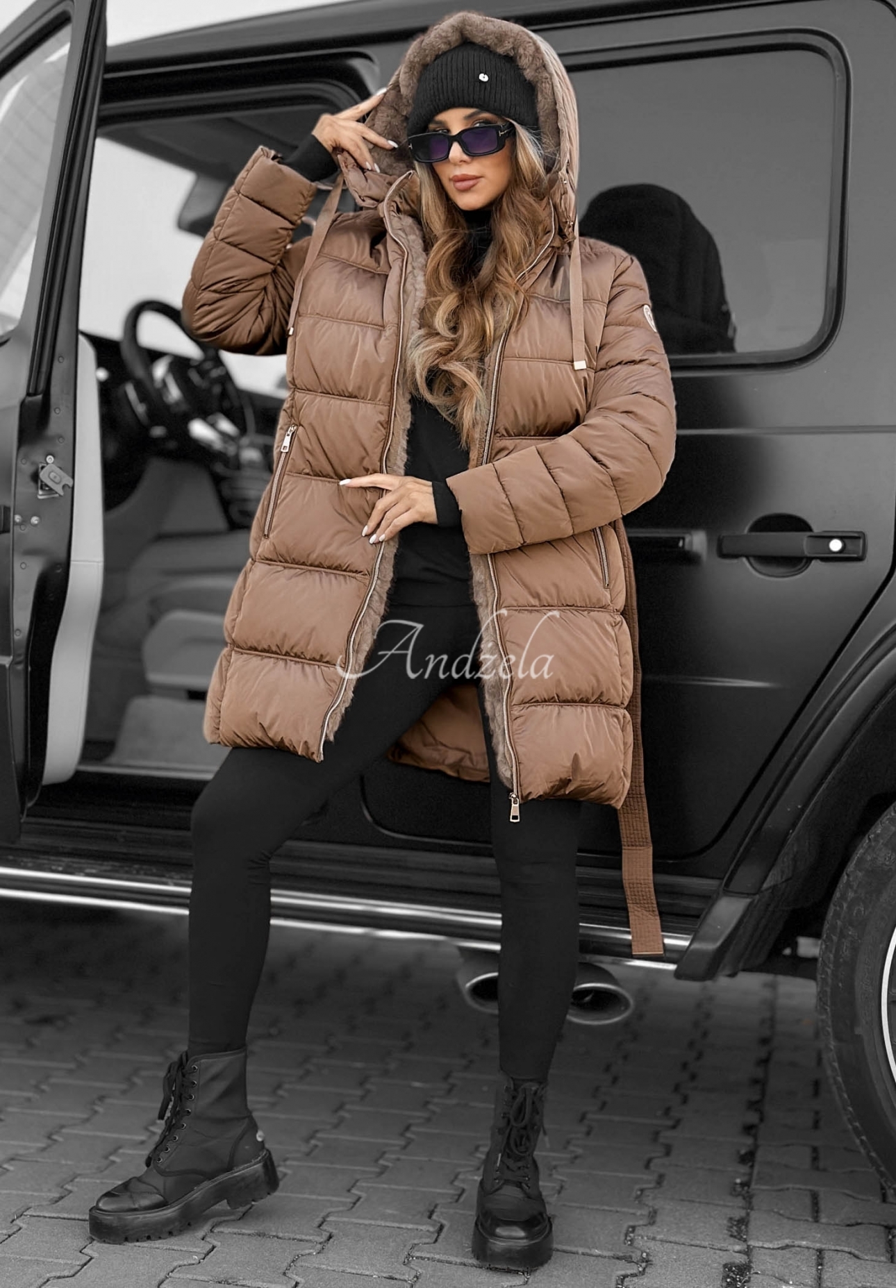 Cold Theory Long Quilted Jacket with Hood and Belt in Camel