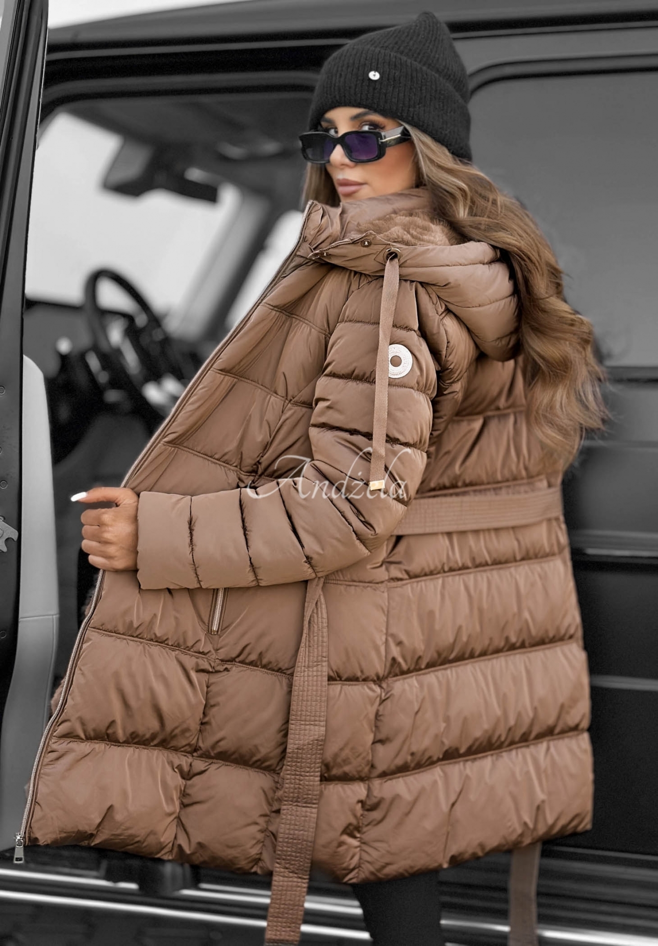 Cold Theory Long Quilted Jacket with Hood and Belt in Camel