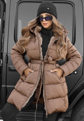 Cold Theory Long Quilted Jacket with Hood and Belt in Camel