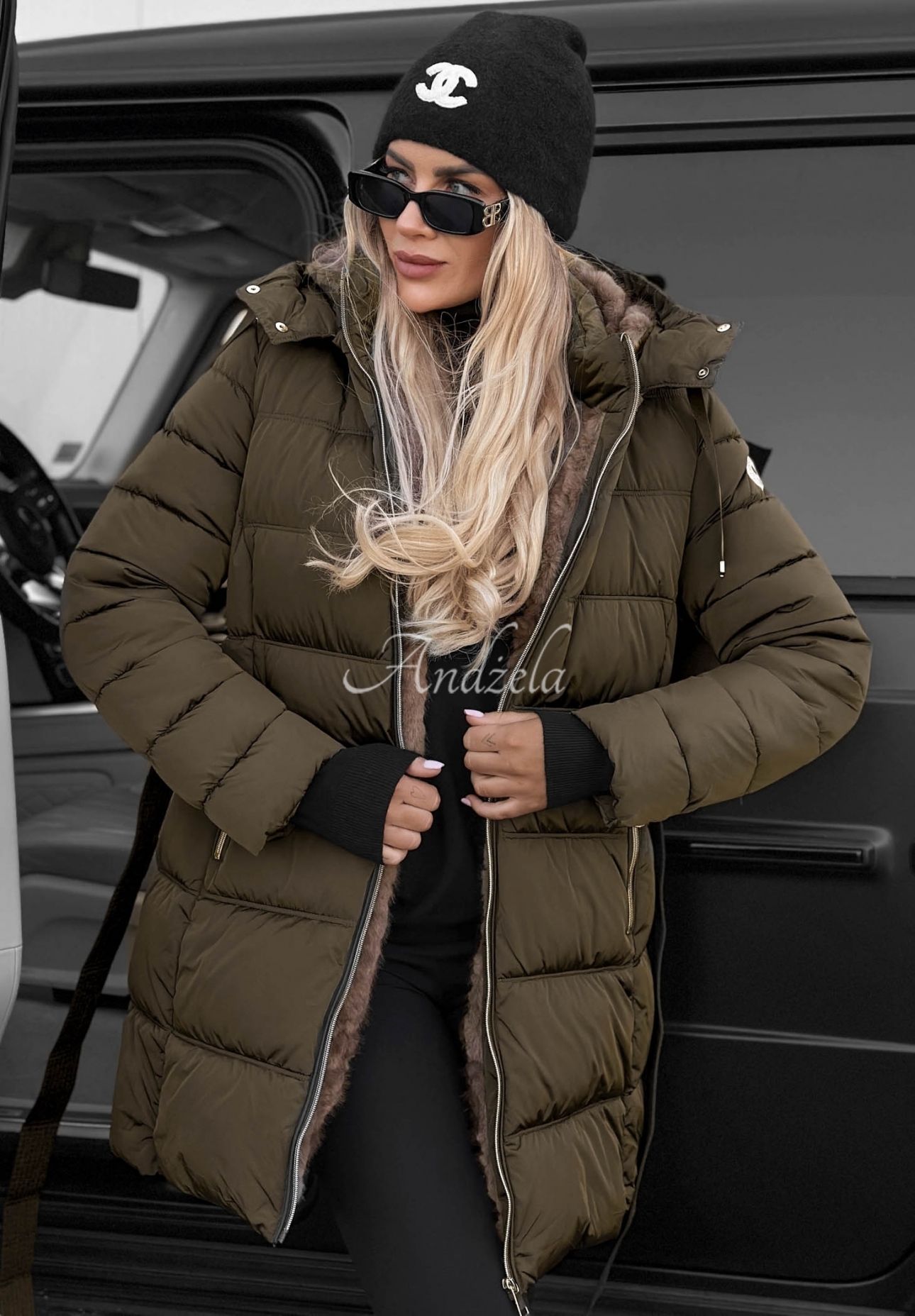 Cold Theory Long Quilted Jacket with Hood and Belt in Khaki