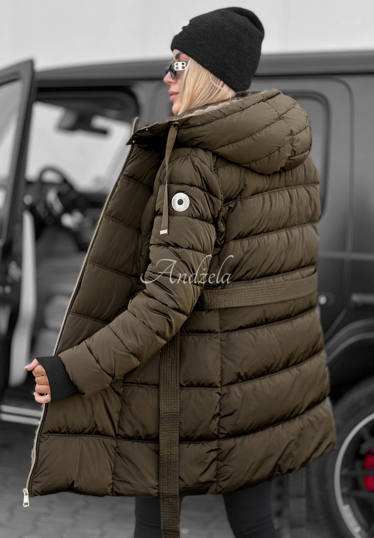 Cold Theory Long Quilted Jacket with Hood and Belt in Khaki