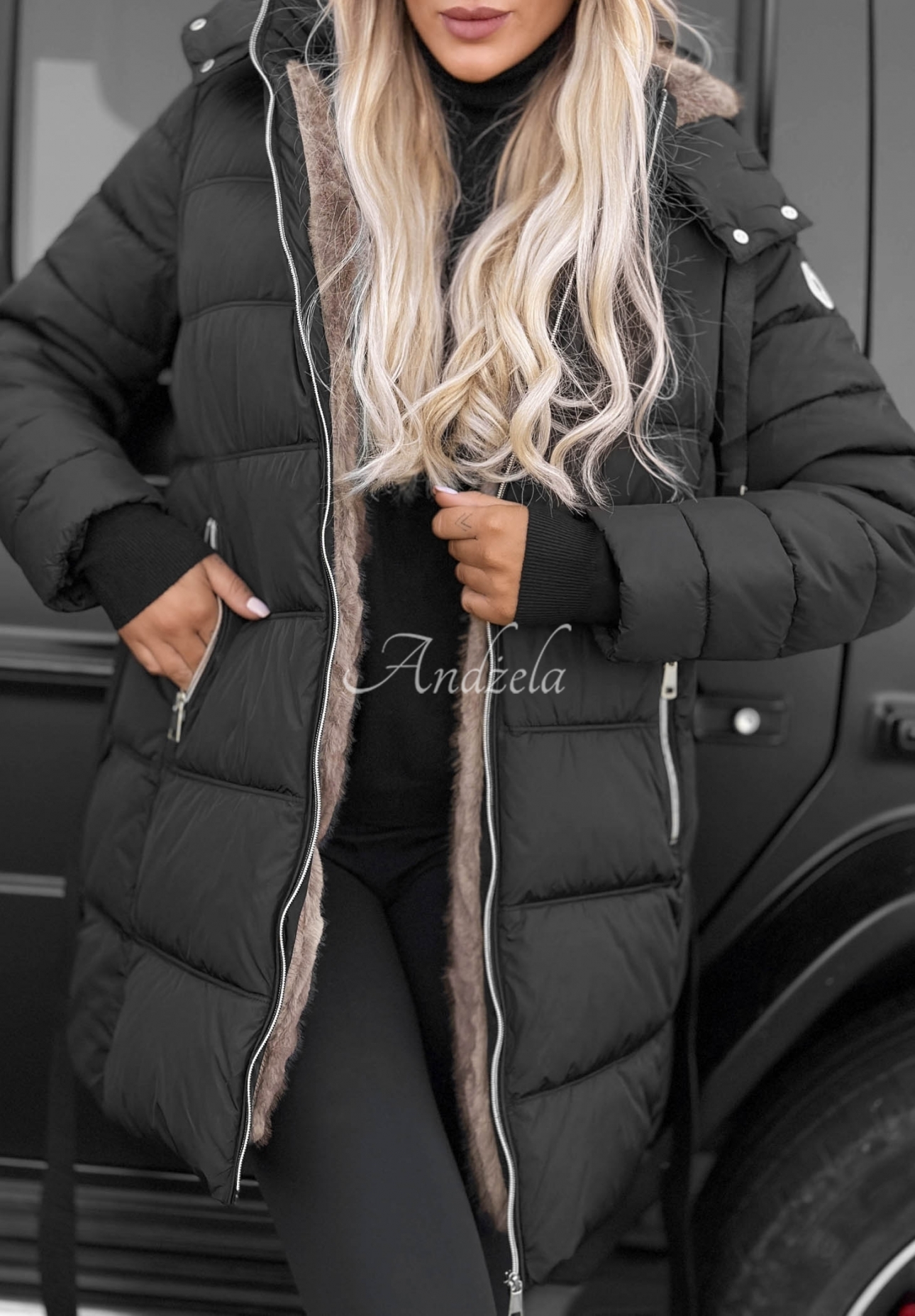 Cold Theory Long Quilted Jacket with Hood and Belt, Black