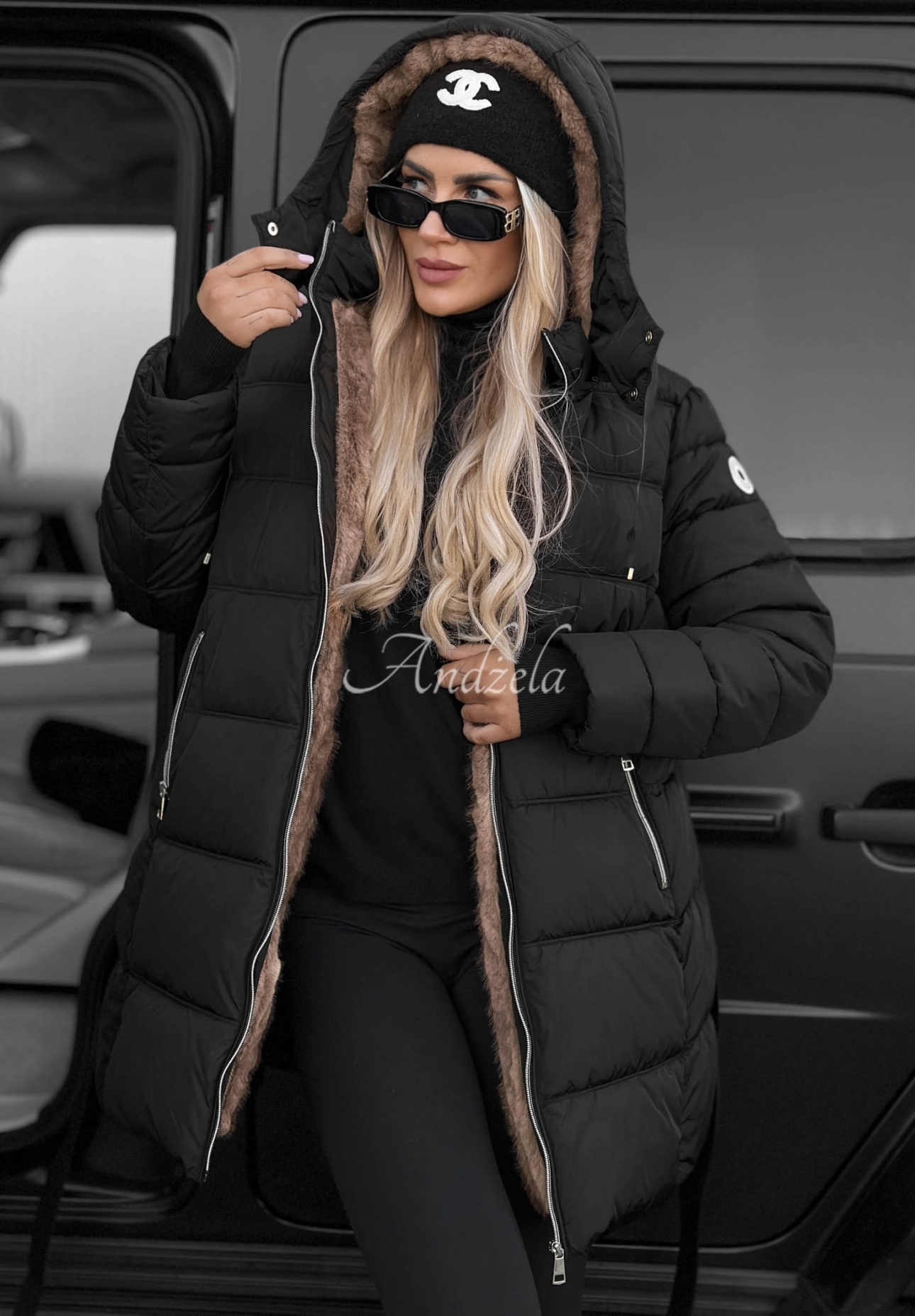 Cold Theory Long Quilted Jacket with Hood and Belt, Black