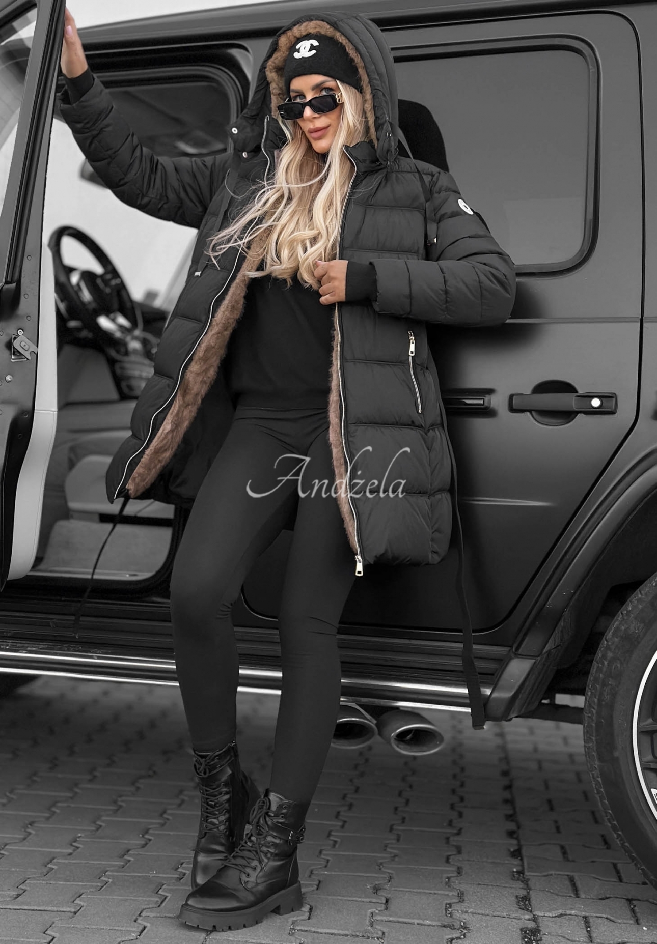 Cold Theory Long Quilted Jacket with Hood and Belt, Black