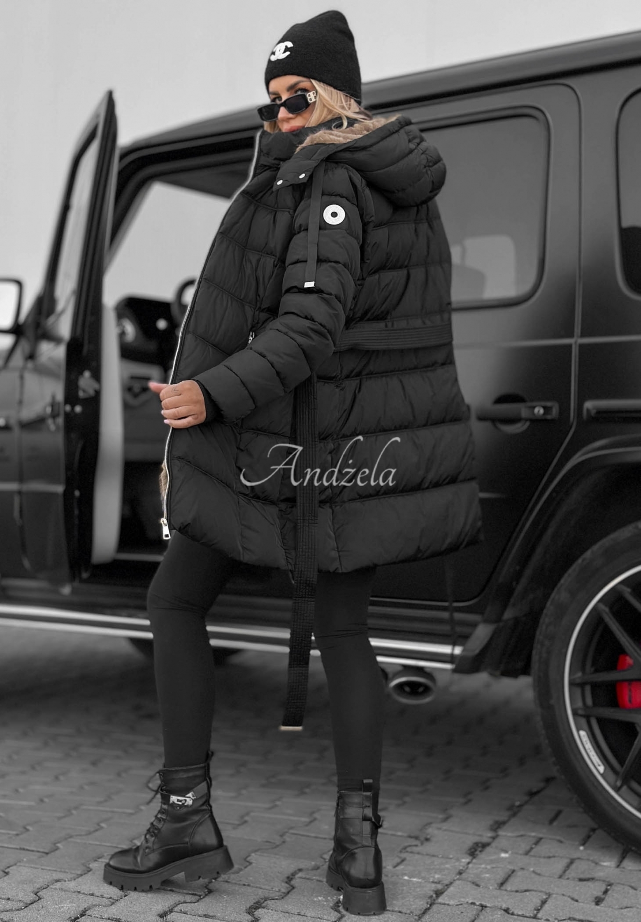 Cold Theory Long Quilted Jacket with Hood and Belt, Black