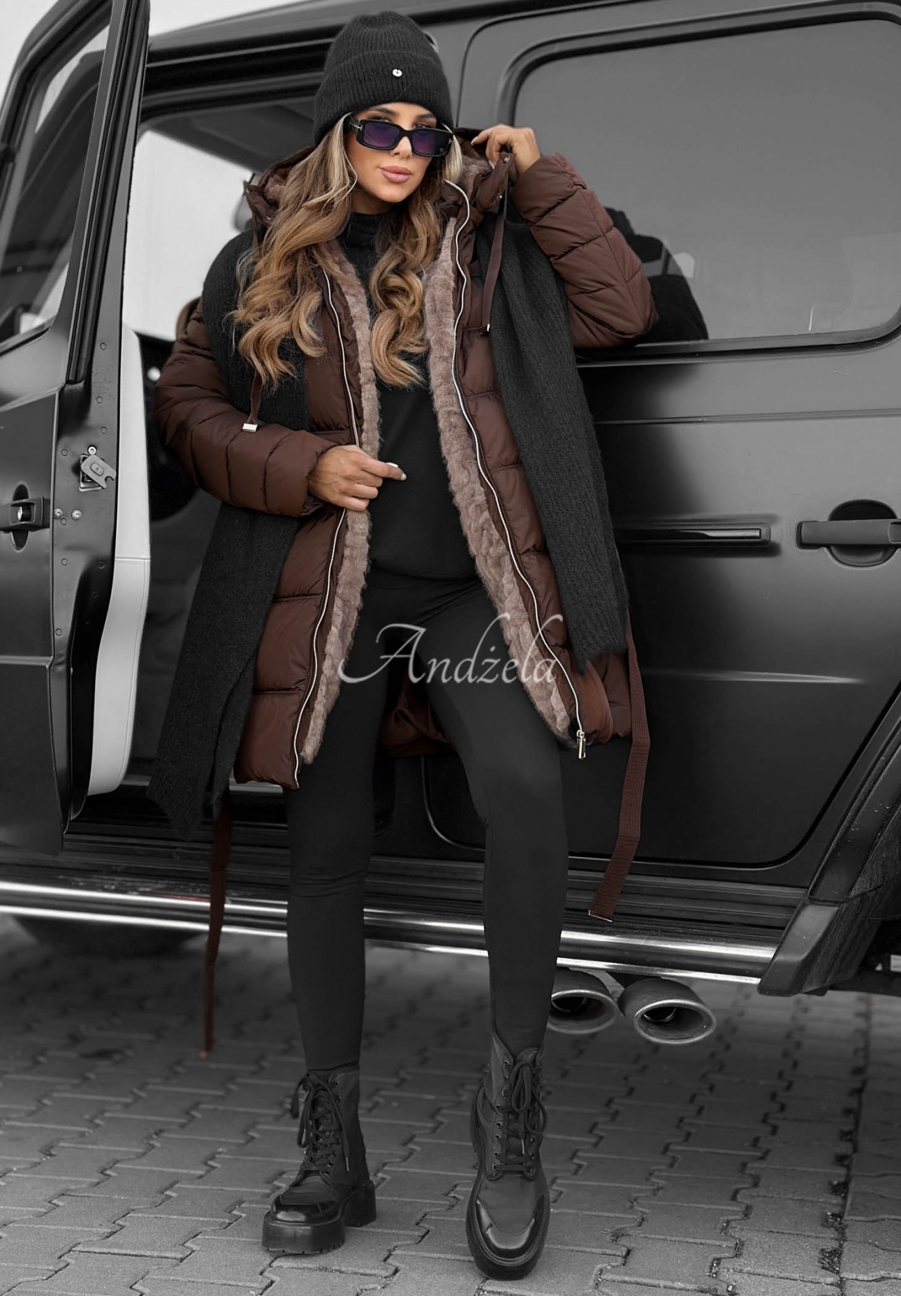 Cold Theory Long Quilted Jacket with Hood and Belt, Chocolate Brown