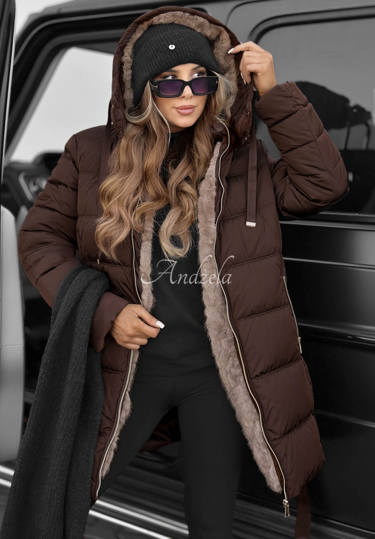 Cold Theory Long Quilted Jacket with Hood and Belt, Chocolate Brown