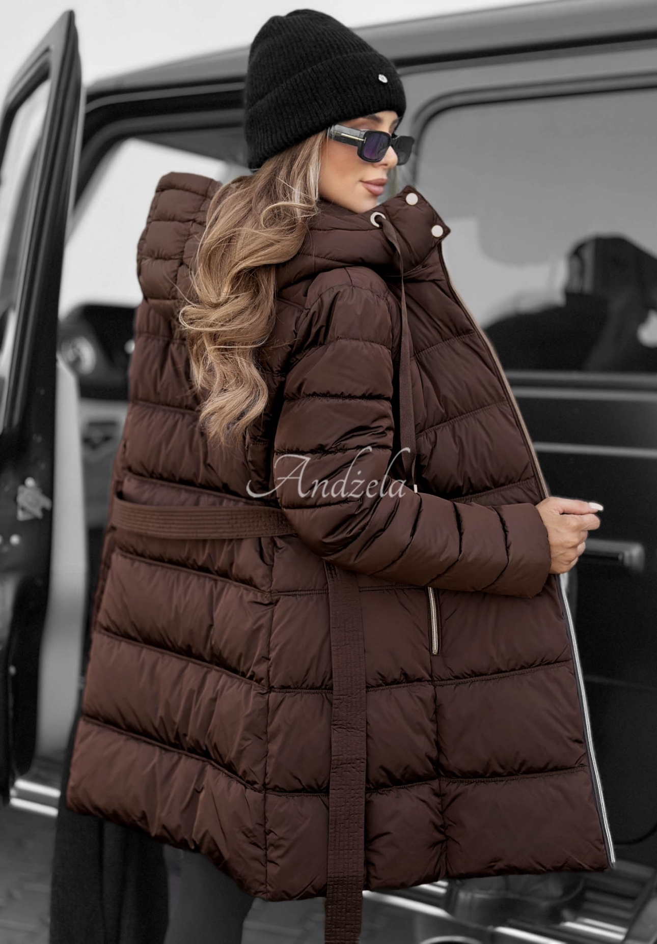 Cold Theory Long Quilted Jacket with Hood and Belt, Chocolate Brown