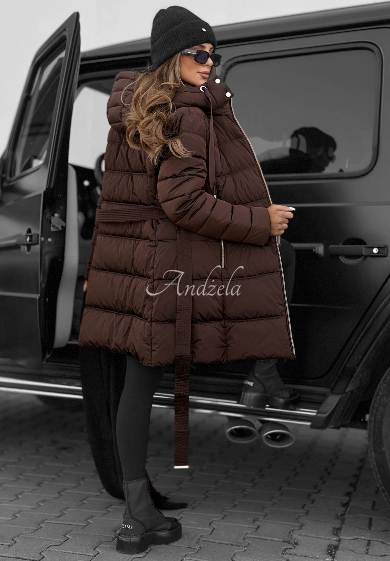 Cold Theory Long Quilted Jacket with Hood and Belt, Chocolate Brown