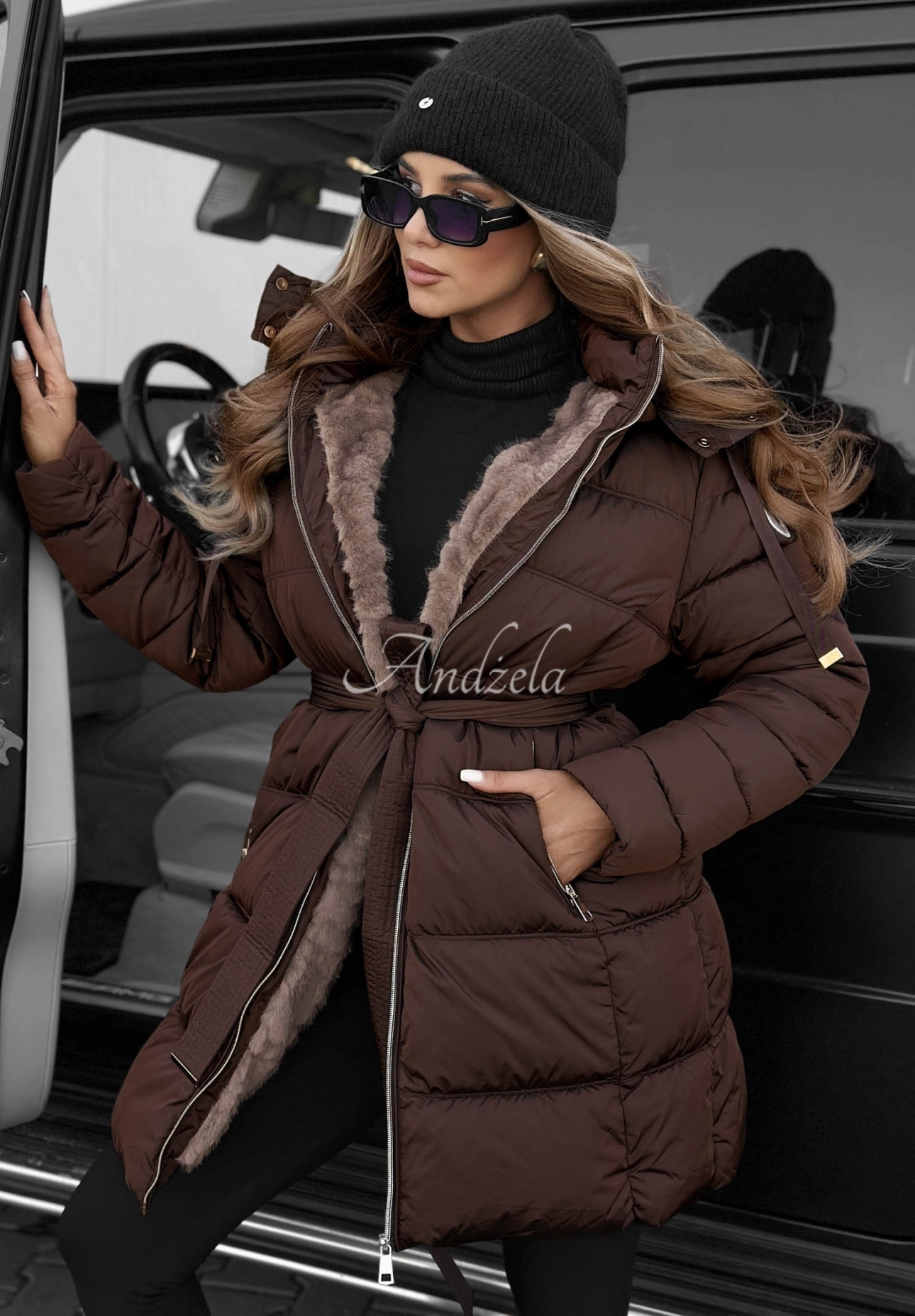 Cold Theory Long Quilted Jacket with Hood and Belt, Chocolate Brown