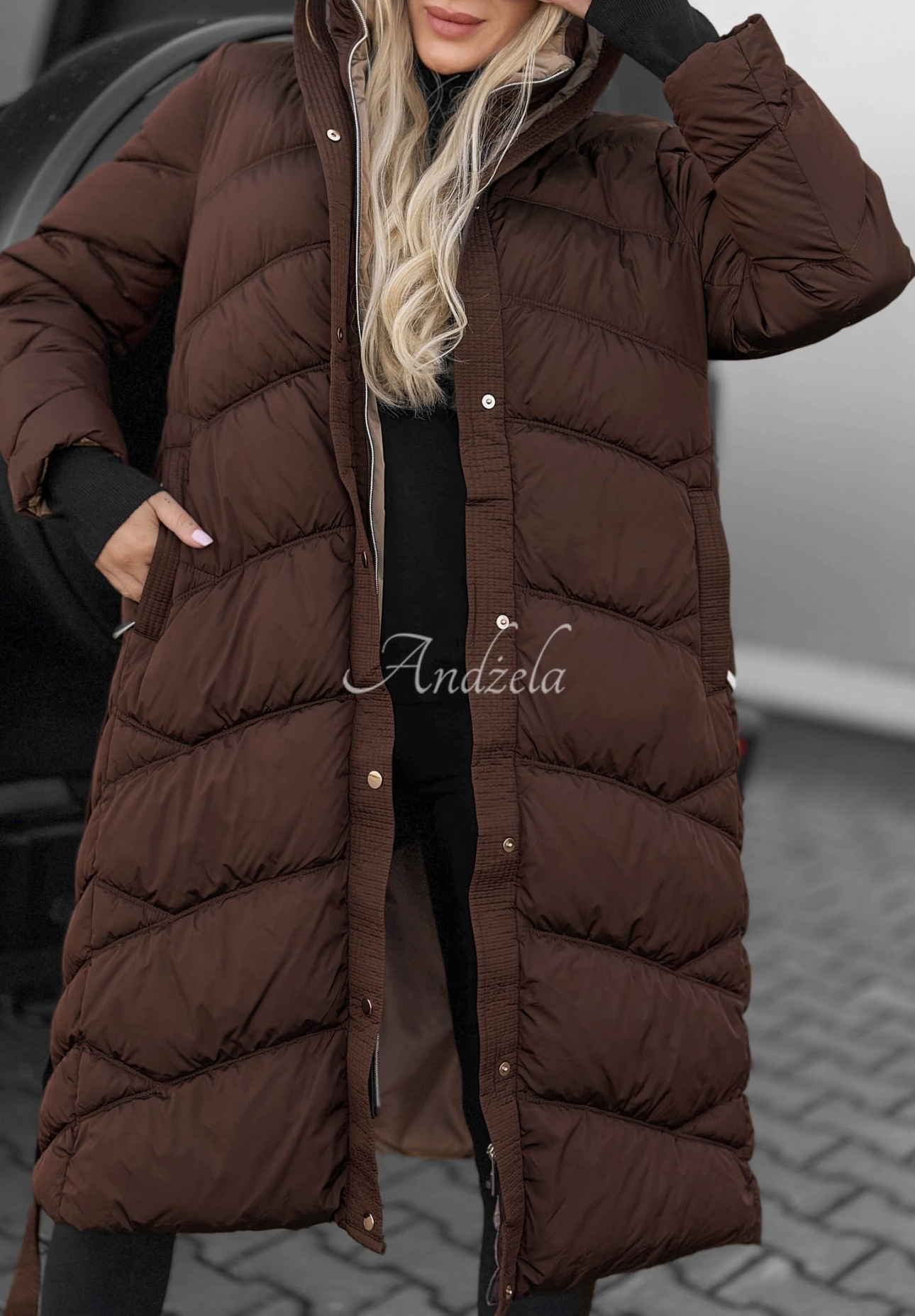 Frost Angel Long Quilted Jacket with Hood and Collar, Chocolate Brown