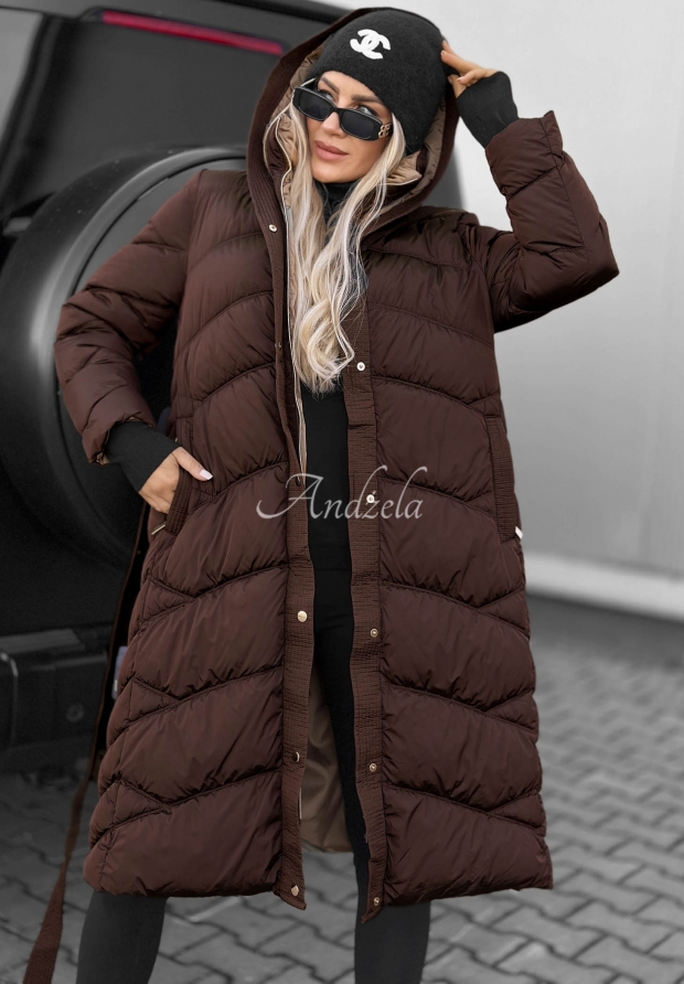 Frost Angel Long Quilted Jacket with Hood and Collar, Chocolate Brown