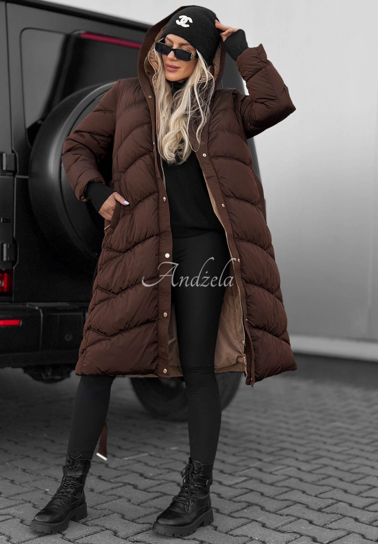 Frost Angel Long Quilted Jacket with Hood and Collar, Chocolate Brown