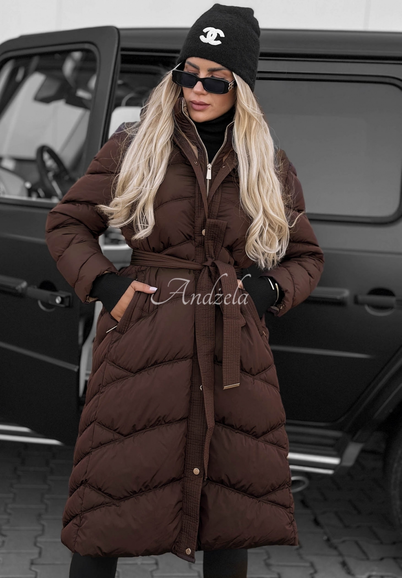 Frost Angel Long Quilted Jacket with Hood and Collar, Chocolate Brown