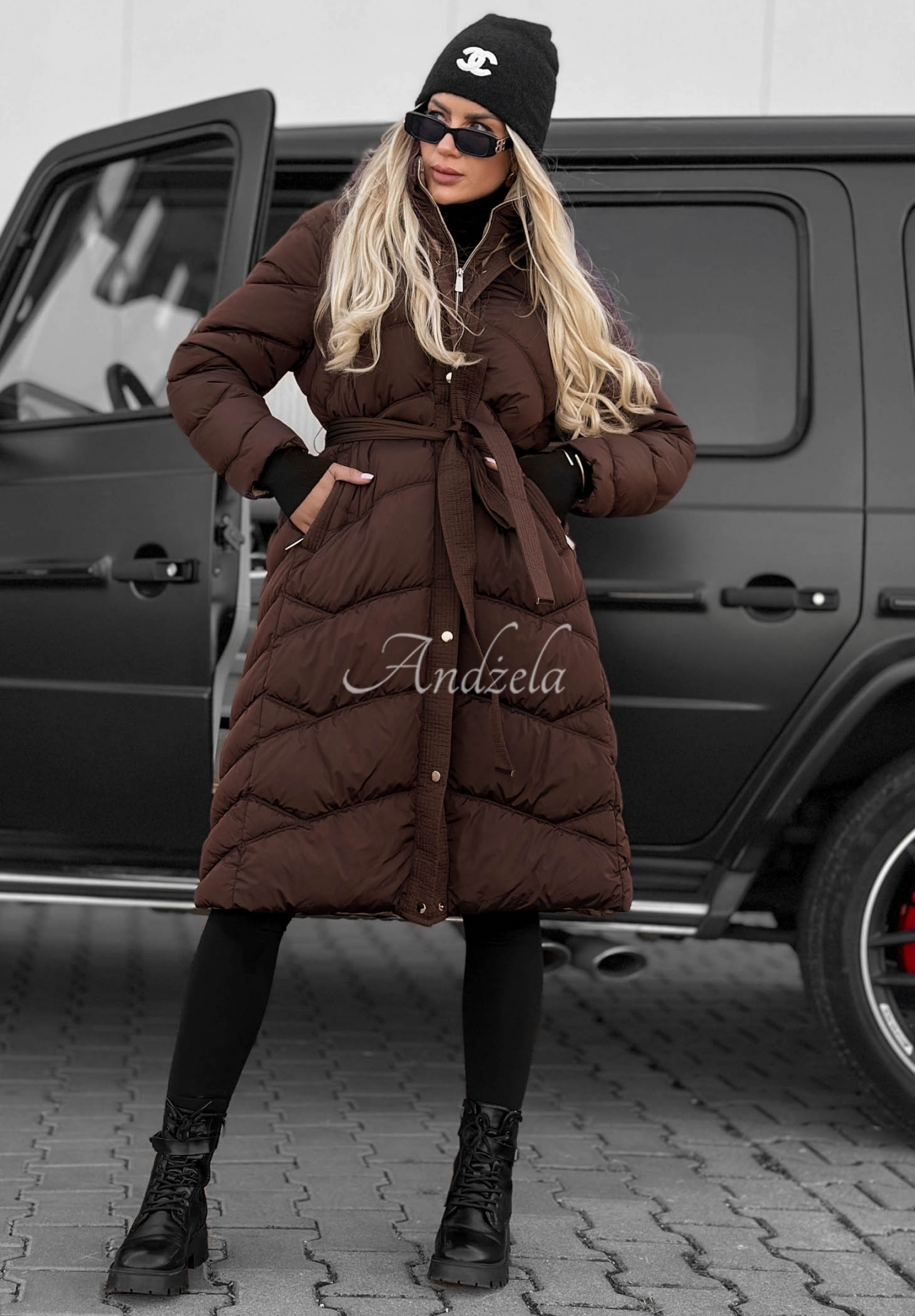 Frost Angel Long Quilted Jacket with Hood and Collar, Chocolate Brown