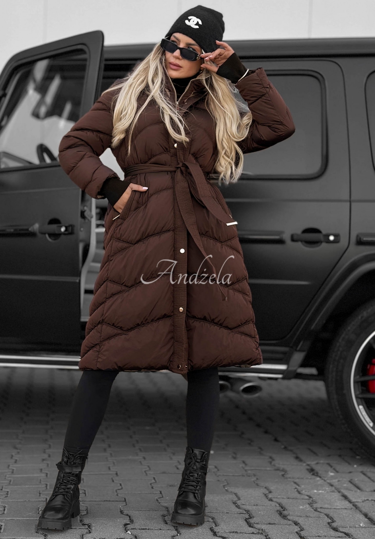 Frost Angel Long Quilted Jacket with Hood and Collar, Chocolate Brown