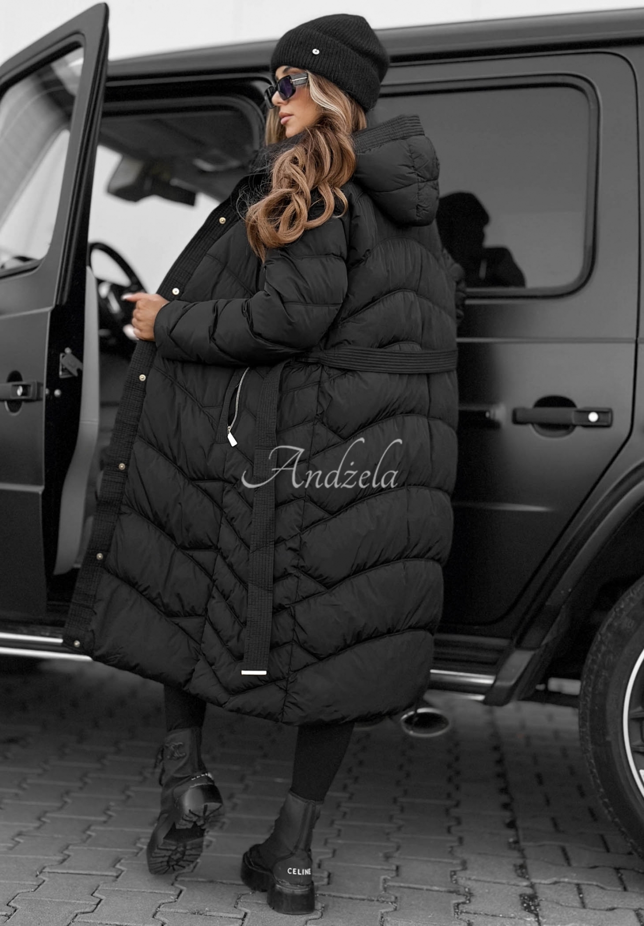 Frost Angel Long Quilted Jacket with Hood and Collar, Black