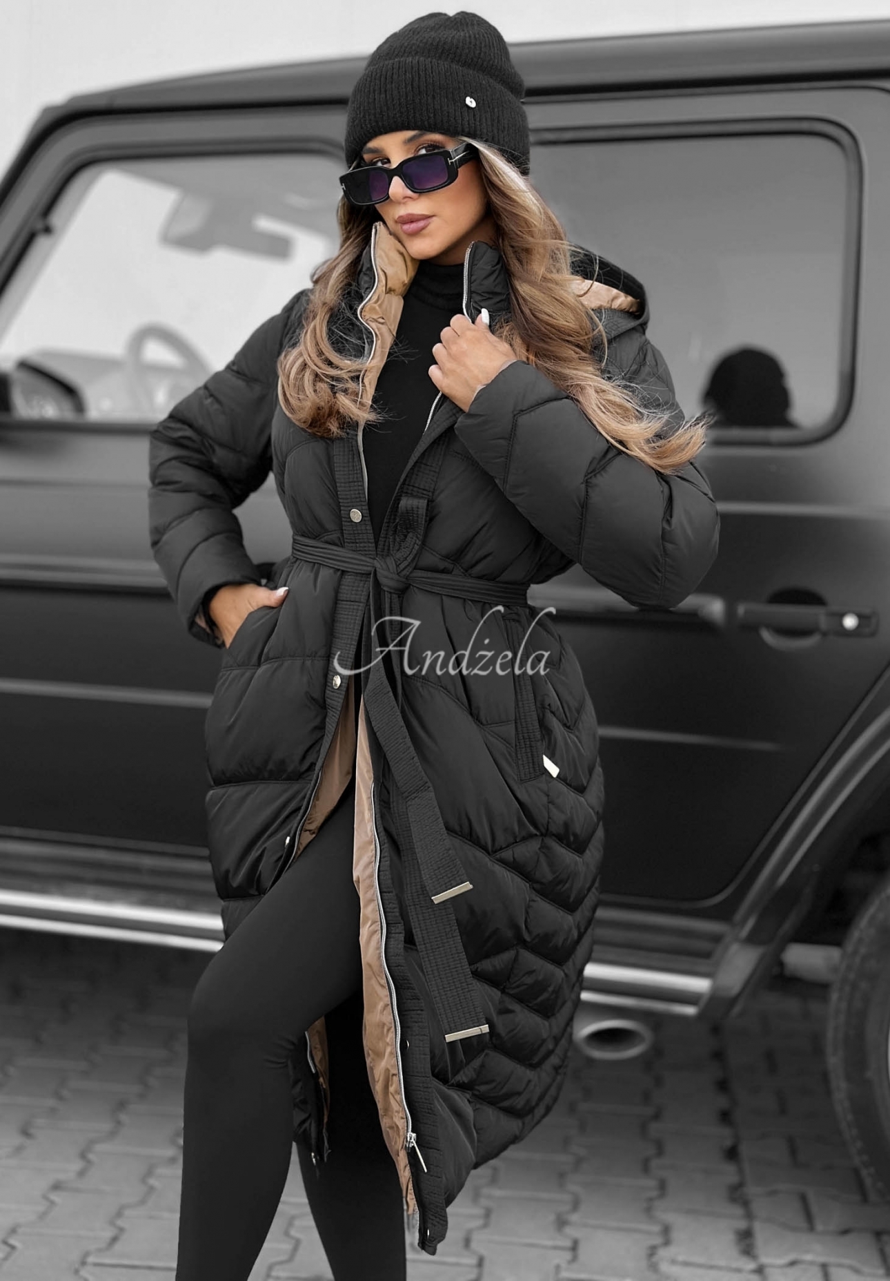 Frost Angel Long Quilted Jacket with Hood and Collar, Black