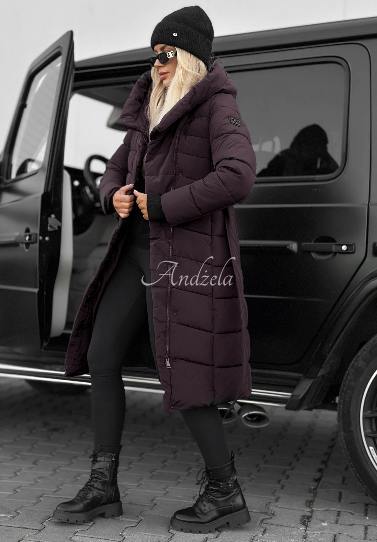 Snow Empress Long Quilted Jacket with Hood and Belt, Berry Blue