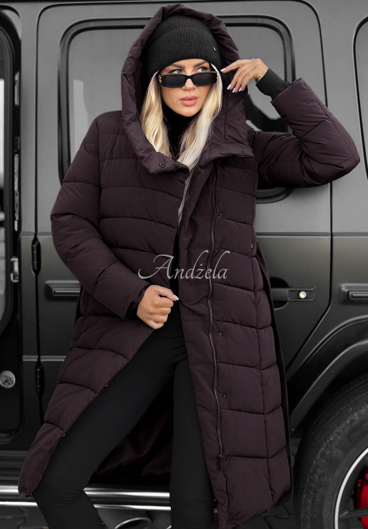Snow Empress Long Quilted Jacket with Hood and Belt, Berry Blue