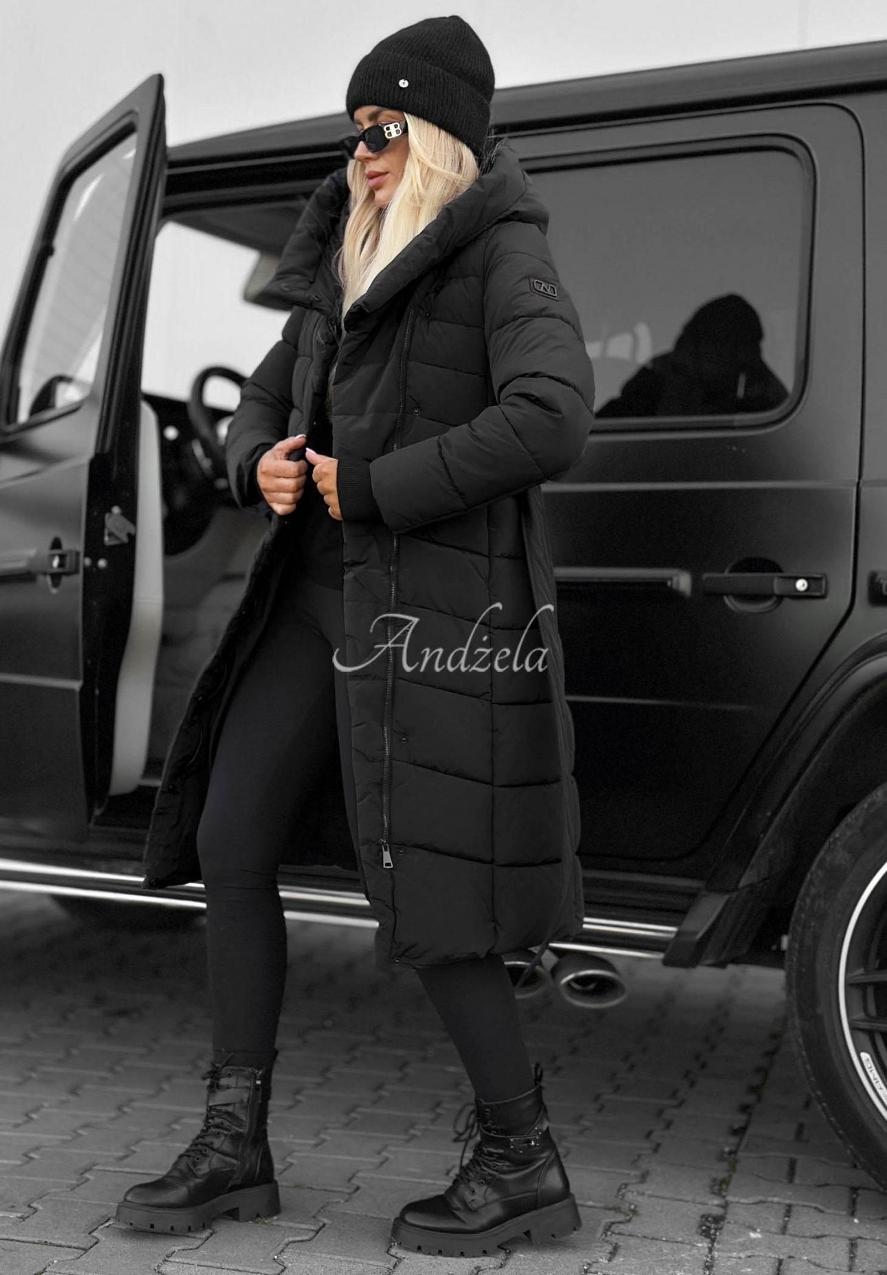 Snow Empress Long Quilted Jacket with Hood and Belt, Black