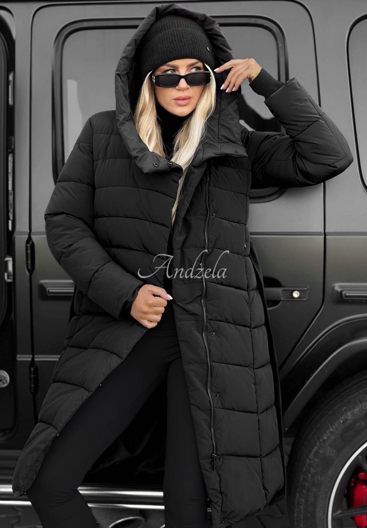 Snow Empress Long Quilted Jacket with Hood and Belt, Black