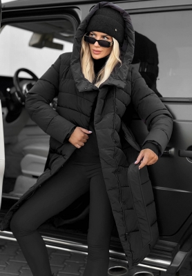 Snow Empress Long Quilted Jacket with Hood and Belt, Black