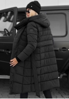 Długa pikowana kurtka z kapturem i paskiem Snow Empress jagodowa