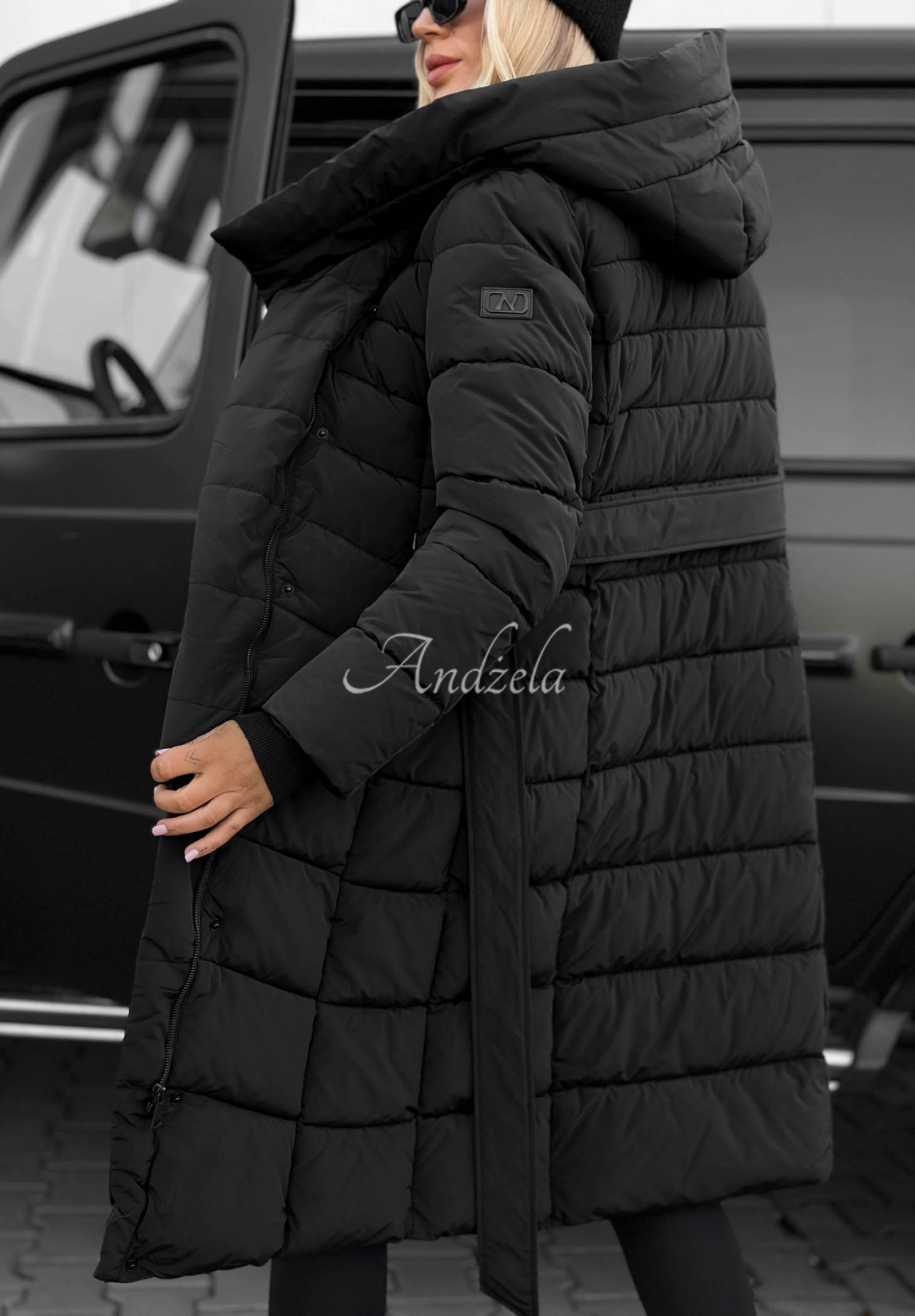 Snow Empress Long Quilted Jacket with Hood and Belt, Black