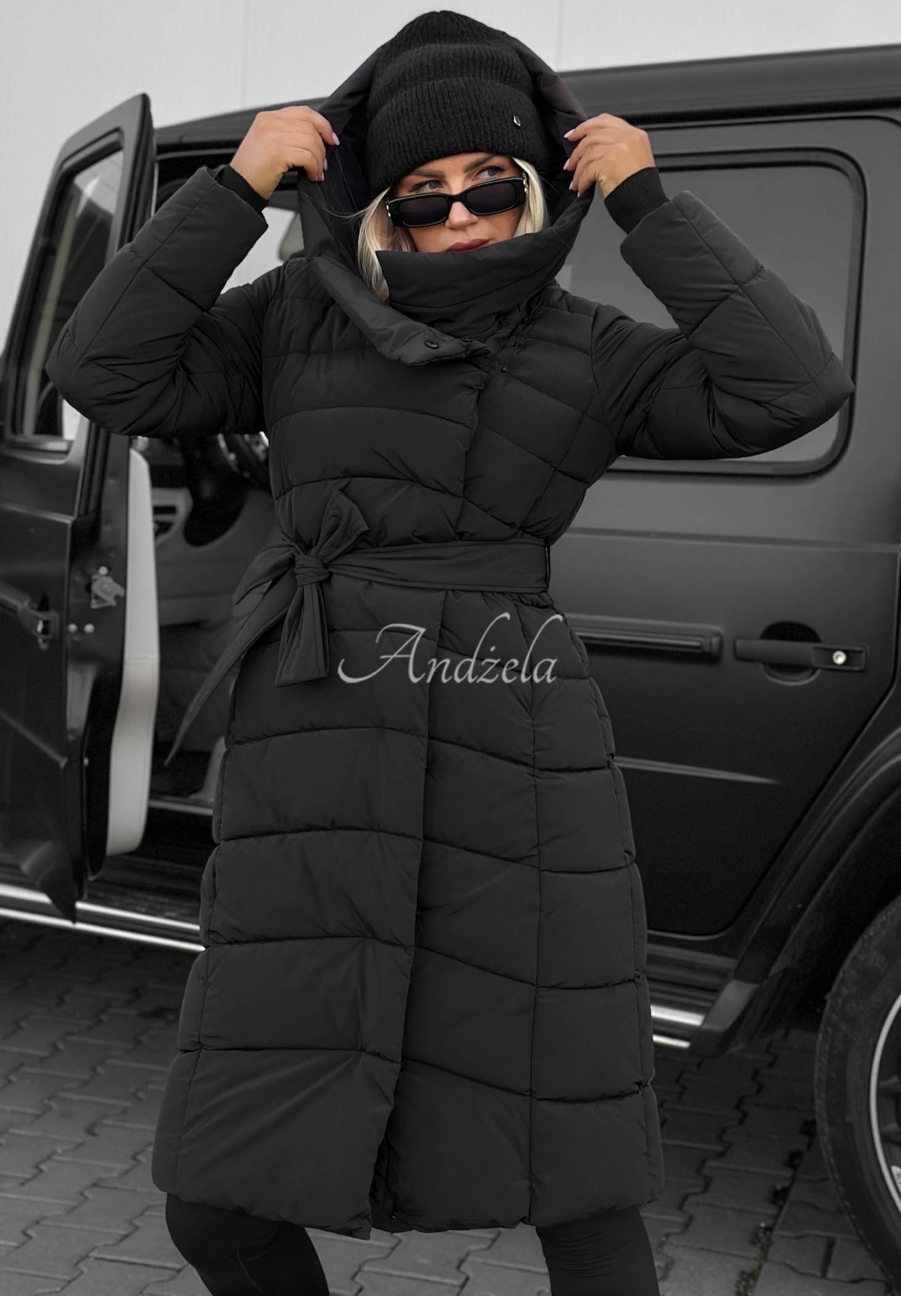 Snow Empress Long Quilted Jacket with Hood and Belt, Black