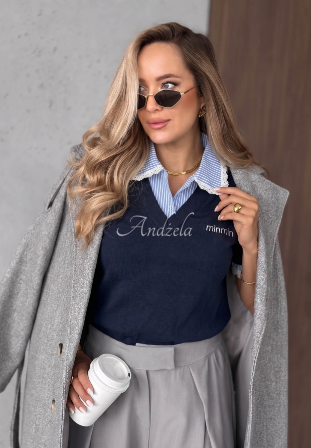 Viscose Sweater with Lace and Striped Collar, "Fall Stripes" in Navy Blue