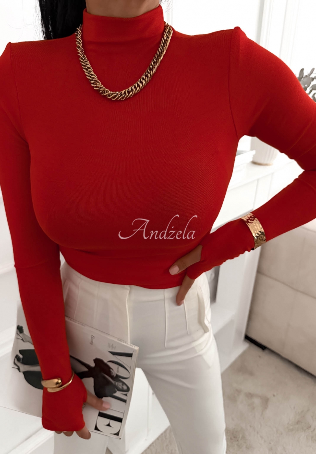 First Of All Red Viscose Long-Sleeve Turtleneck Blouse