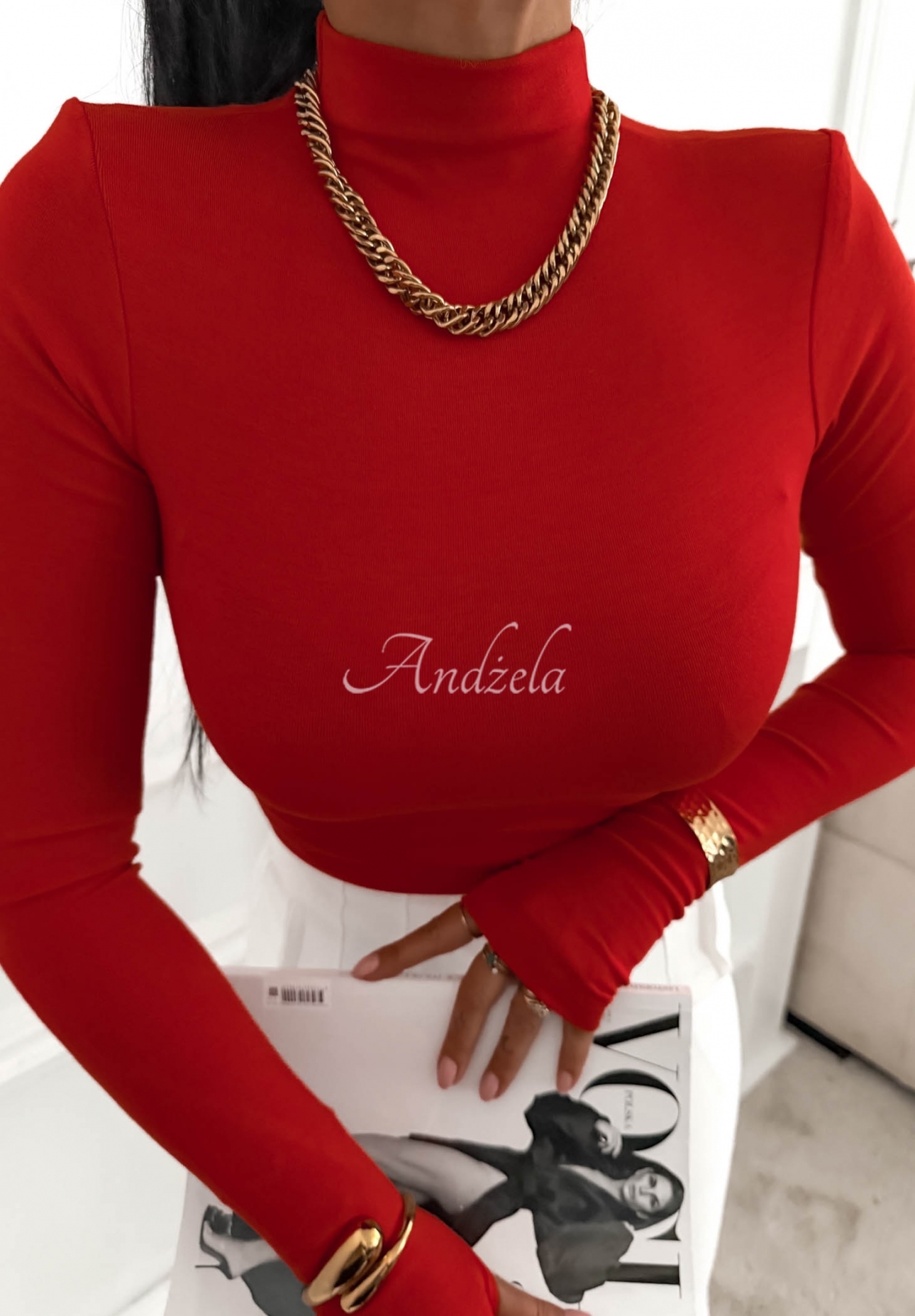 Wiskozowa bluzka longsleeve z półgolfem First Of All czerwona