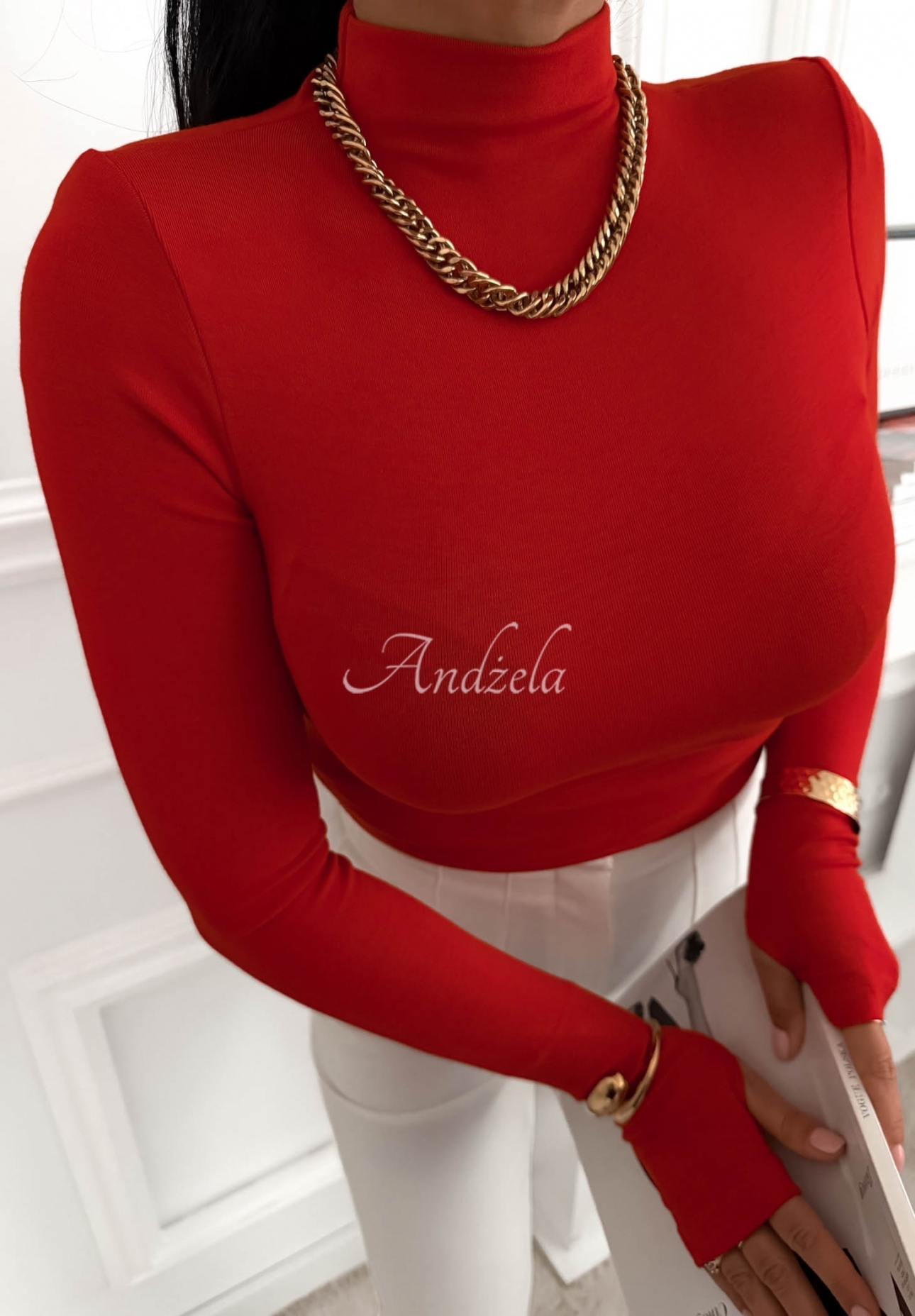 Wiskozowa bluzka longsleeve z półgolfem First Of All czerwona