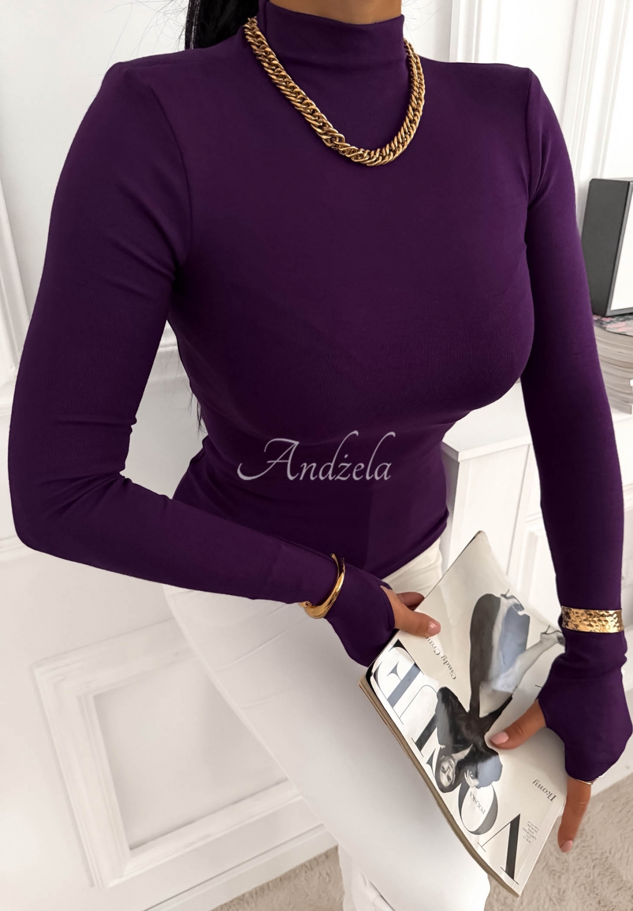 Wiskozowa bluzka longsleeve z półgolfem First Of All jagodowa