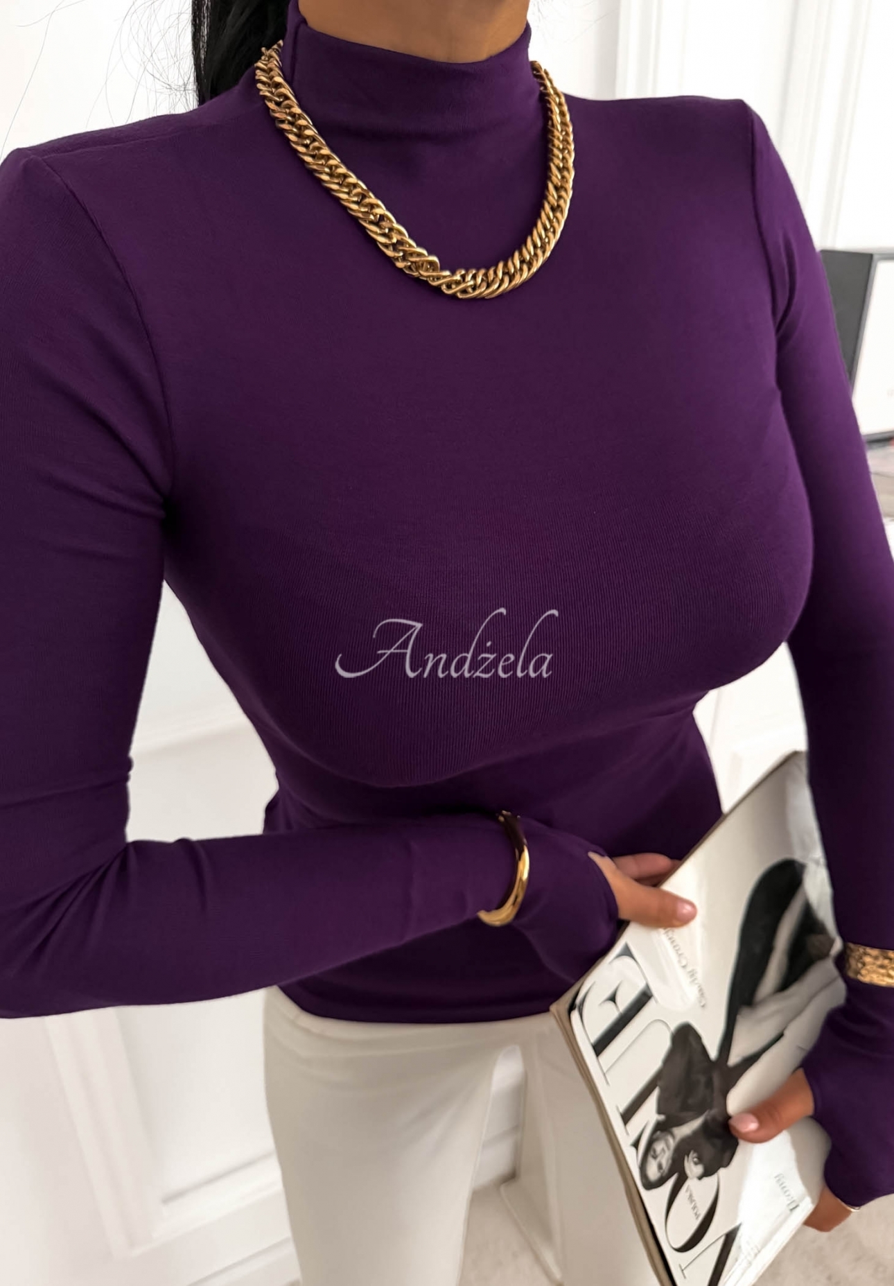 Wiskozowa bluzka longsleeve z półgolfem First Of All jagodowa