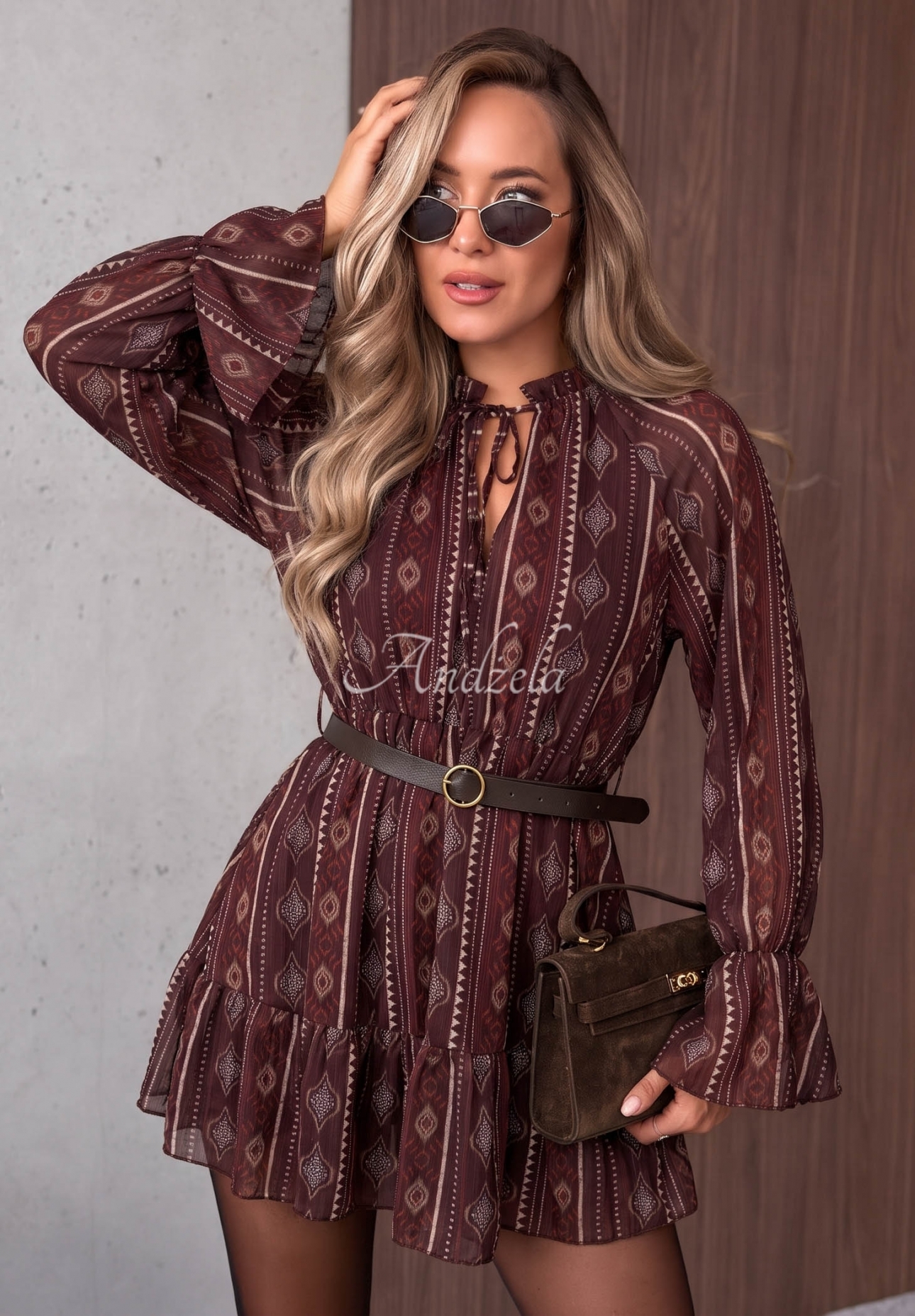 True Romance Burgundy Patterned Mini Dress with Ruffles