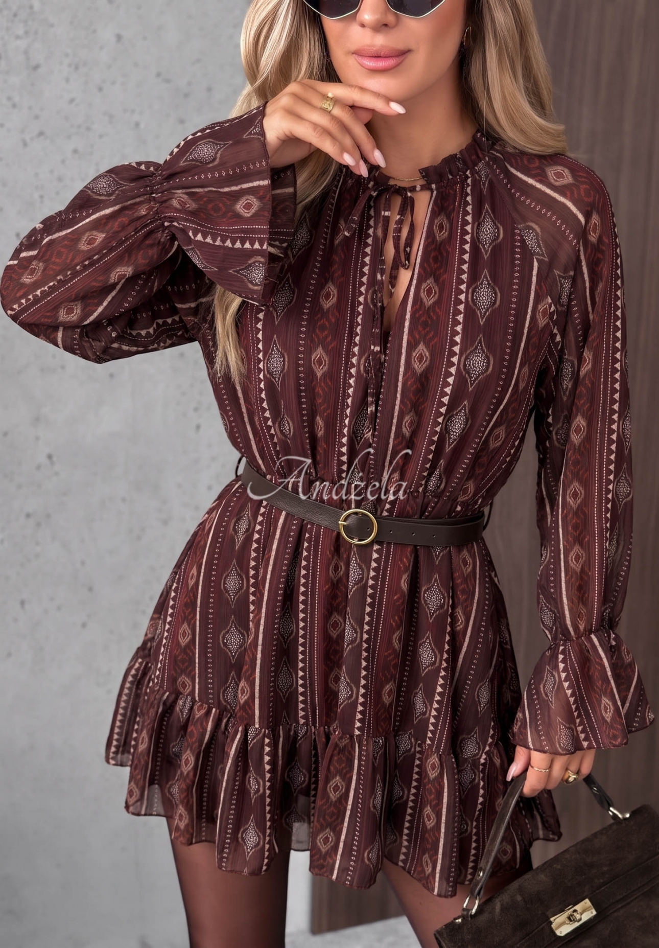 True Romance Burgundy Patterned Mini Dress with Ruffles