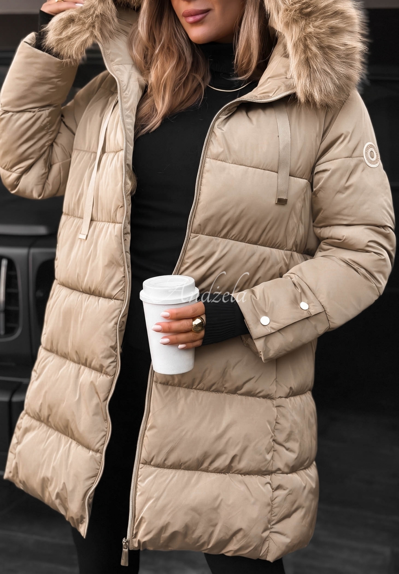Winter Sunday Long Quilted Jacket with Fur Trim, Beige