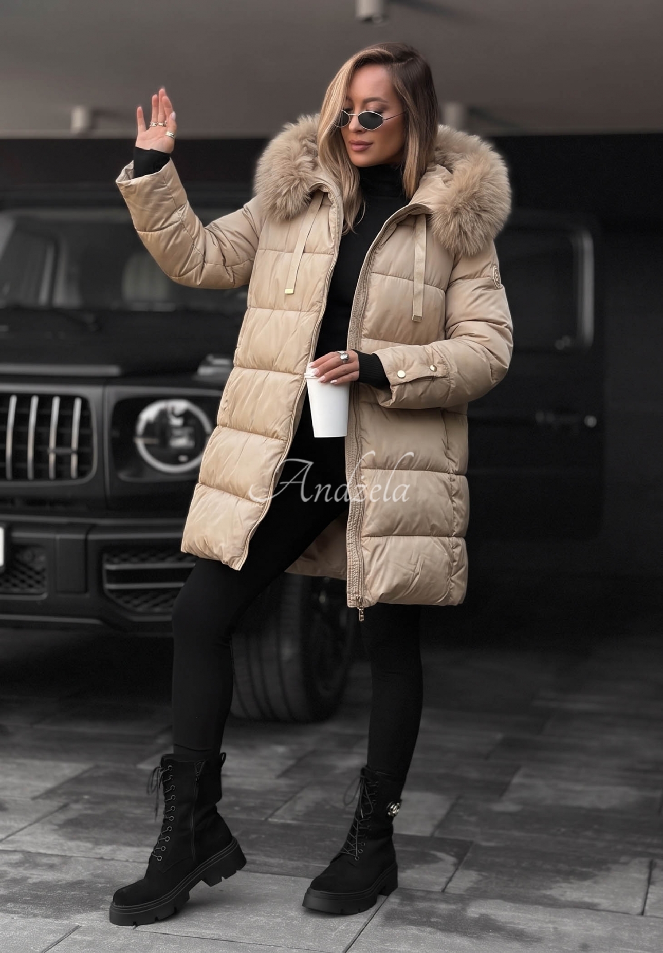 Winter Sunday Long Quilted Jacket with Fur Trim, Beige