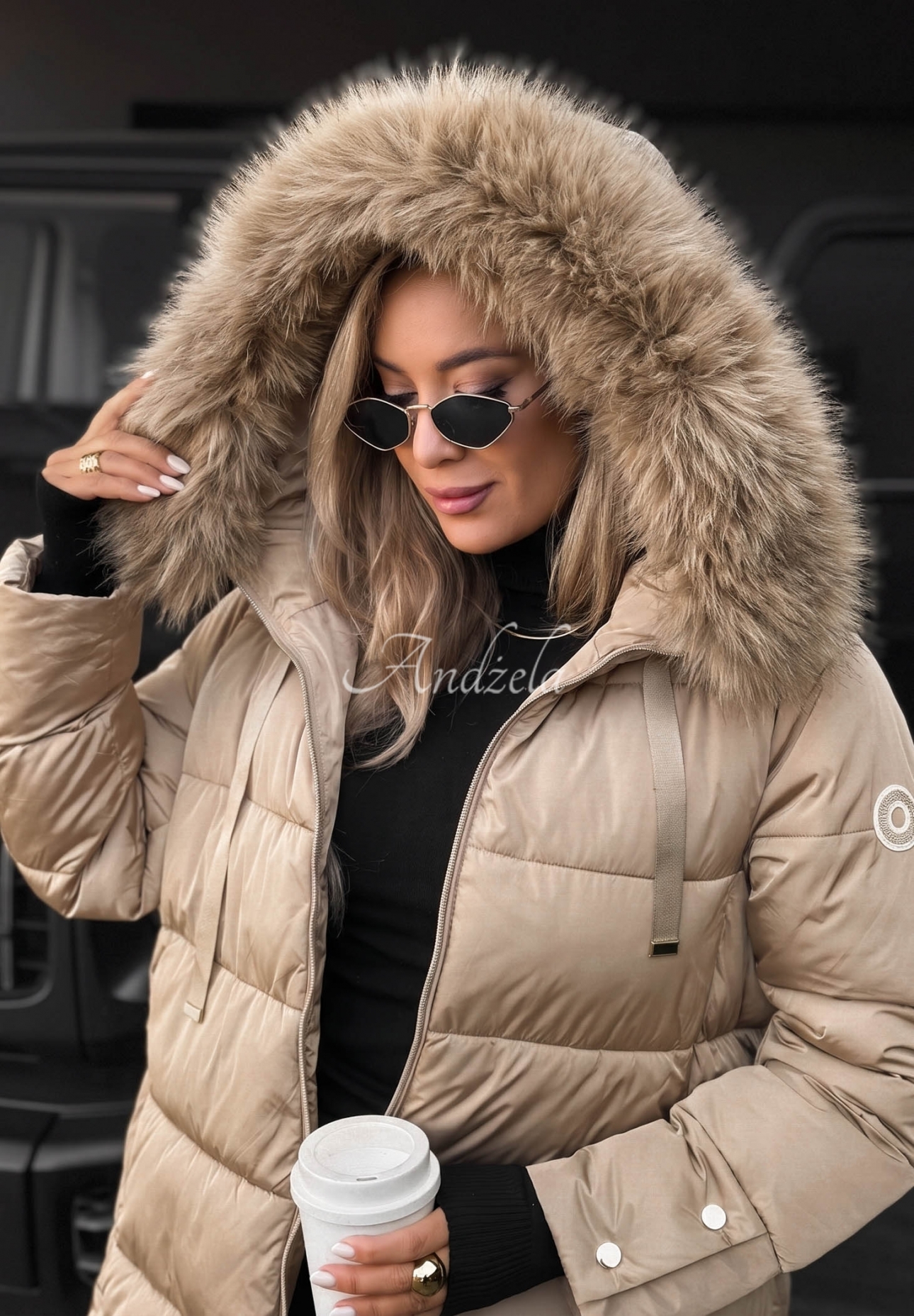 Winter Sunday Long Quilted Jacket with Fur Trim, Beige