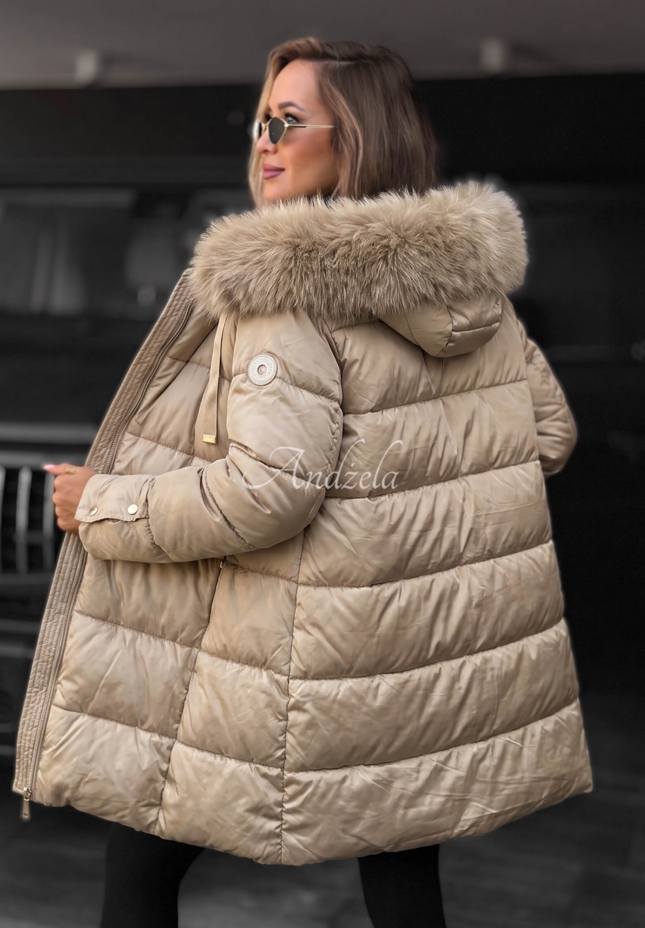 Winter Sunday Long Quilted Jacket with Fur Trim, Beige